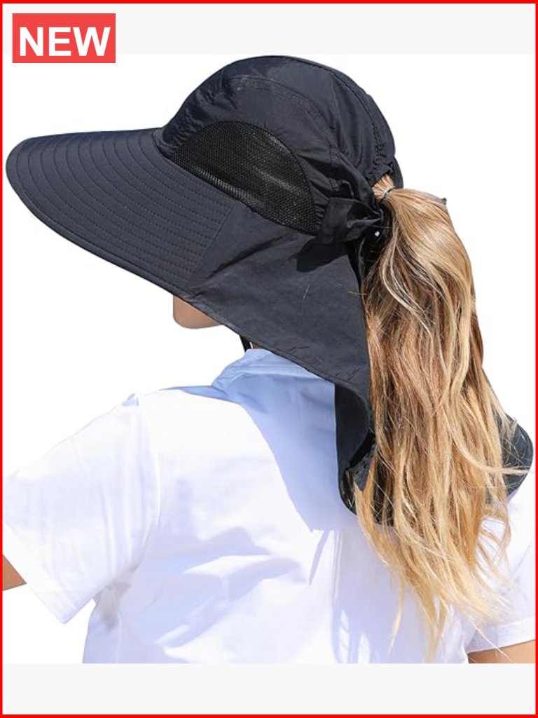 Wide Brim Sun Hat With Ponytail Hole Neck Flap Upf 50+ Uv Protection Outdoor